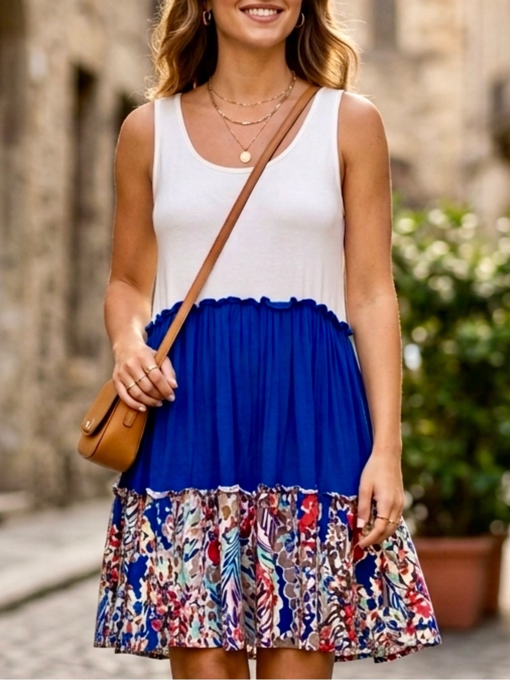Beeson River Dress Ivory Color Block Royal Blue Floral Accent Sleeveless